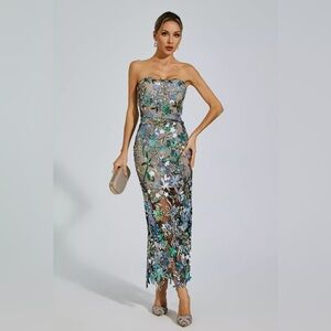 Strapless Floral Appliqué Midi Dress in Blue and Green; Sheer; Prom